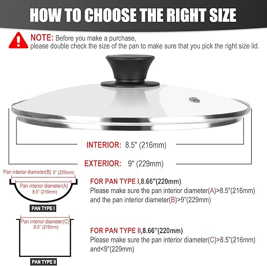 Pan Lid 8.7 Inch - Tempered Glass Pot Lid - Replacement Pan Cover for Cast Iron Skillets, Frying Pans, Pots and Wok, Heat Resistant Handle