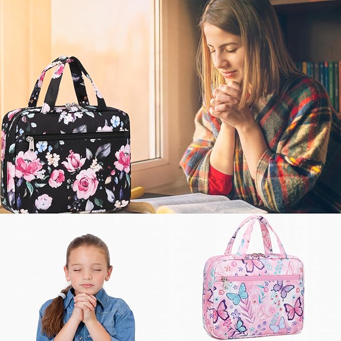 Octsky Bible Covers Bible Case Girls Book Carrying Case for Kids Scripture Church Bag Bible Protective with Handle Zippered Pocket (Butterfly Lake)