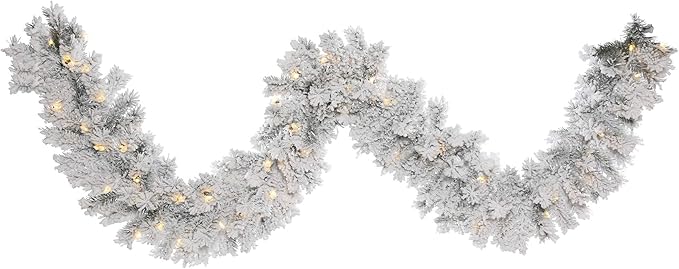 Vickerman 9' Flocked Alaskan Pine Artificial Christmas Garland, Clear Dura-lit Incandescent Mini Lights - Faux Pine Christmas Garland - Seasonal Indoor Home Decor