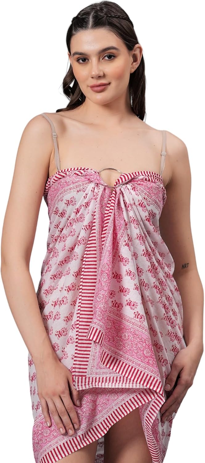 100% Cotton Swimsuit Cover-Up, Indian Hand Block Printed Sarong Wraps Bikini Cover-Up for Women