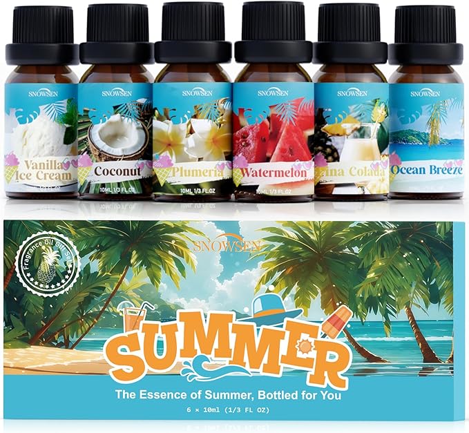 Summer Essential Oil Set of 6 Premium Fragrance Oils - Includes Watermelon, Coconut, Ocean Breeze, Plumeria, Vanilla Ice Cream & Pina Colada Diffuser Oils, Candle Making Scents