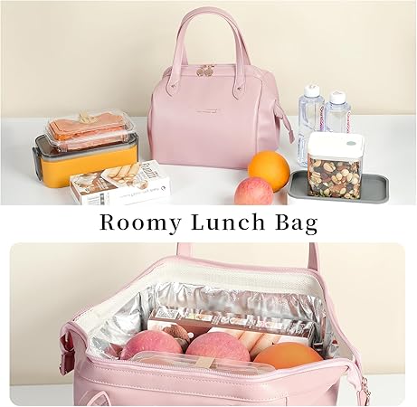 Insulated Lunch Bag for Women, Portable Leakproof Cooler Bag PU Leather Lunchbox Lunch Tote Bags for Work or Picnic (Pink)