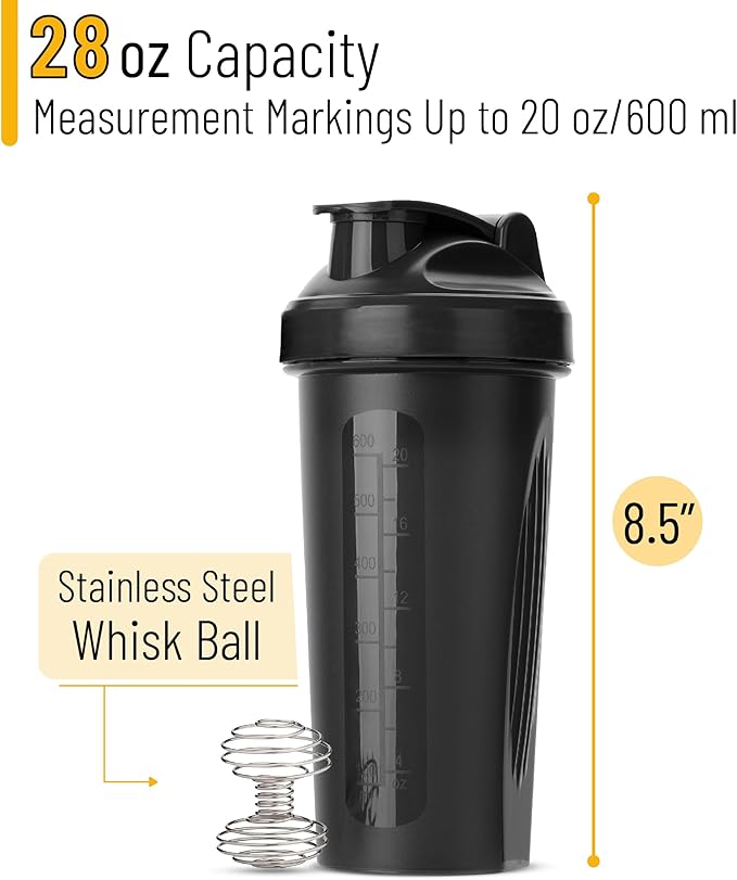 Mr. Pen- Shaker Bottles for Protein Mixes, 28 oz, 1 Pack, Black, Protein Shaker Bottle with Wire Whisk Ball, Blender Bottle
