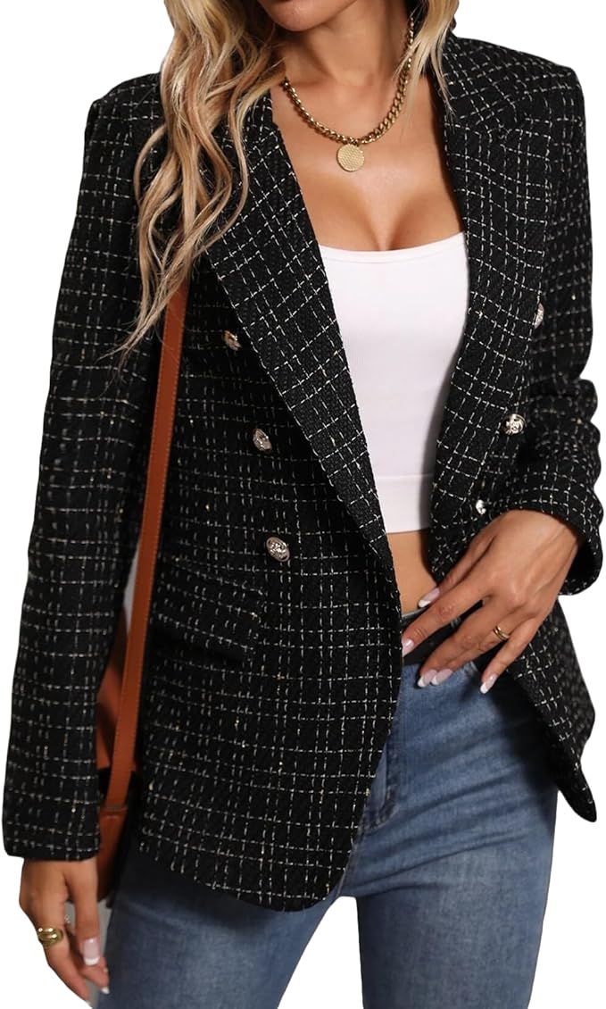 2025Fall Winter Women's Tweed Blazer Jacket-Plaid Fully Lined Fashion Business Casual Lapel Elegant Coat Pockets Amazon's Choice