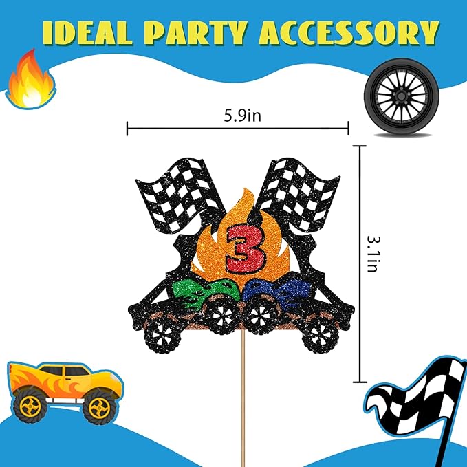 Monster Truck 3rd Birthday Cake Topper, Big Truck Fast Three Cake Topper for Boys, Racing Car Three Years Old Birthday Cake Decor, Racing Theme 3rd Anniversary Party Decoration - Black Glitter