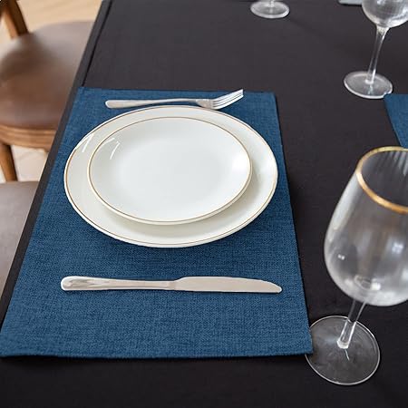 Cloth Placemats Set of 8, Linen Type Fabric Placemats Machine Washable Placemats Heat Resistant Placemats Wrinkle Free Thick Polyester Kitchen Place Mats for Dining Table (Navy Blue)