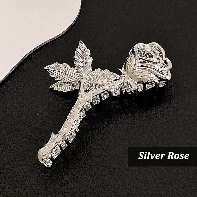 Elegant Rose Metal Non-Slip Hair Claw Clips for Thin and Thick Hair - Fashionable Flower Hair Accessories for Women and Girls (Silver Rose)