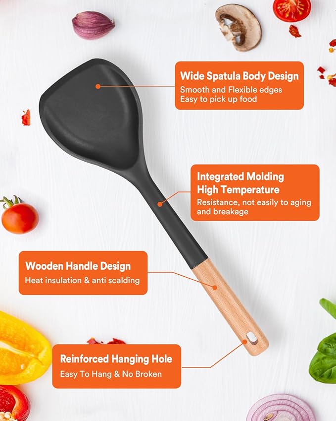 Non-stick silicone spatula, anti-scratch flexible edge for pans, comfortable non-slip wooden handle, heat resistant, BPA-free kitchen spatulas for cooking, 13.2 inches