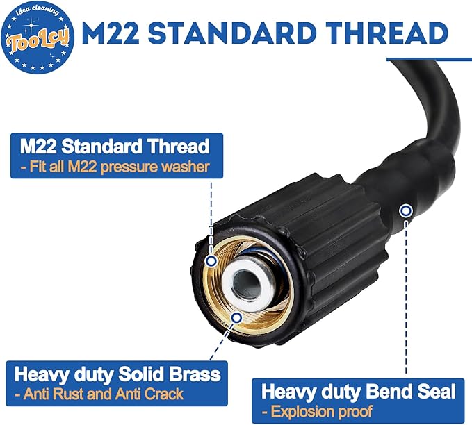 TOOLCY Pressure Washer Hose with Extension Coupler, 50 ft 14" Kink Resistant Power Washer Hose M22 Replacement for Ryobi, Troy Bilt, Greenworks, Craftsman High PressureWashers, 3300 PSI