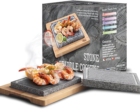 Artestia Cooking Stone for Steak with Double Granite Stones, Sizzling Steak Stone Cooking Set for BBQHibachiSteak Grill (2PCS Granite Stones 1PC Bamboo Tray)