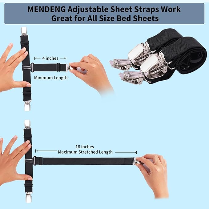 MENDENG Sheet Straps Fitted Sheet Clips Holder Surspeners Keep Sheets in Place Bed Sheet Fasteners Gripper Black 4P