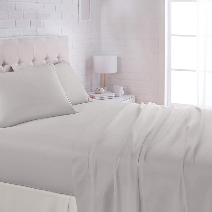 Basics 4 Piece Deluxe Microfiber Bed Sheets, Queen Size, Light Gray, Solid