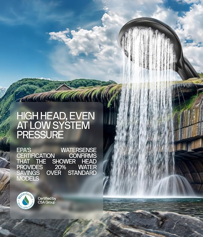 LOKBY High Pressure 6-Settings Shower Head with Handheld - 5'' Powerful Detachable Shower Head Set for low water pressure - 59'' Stainless Steel Hose - Tool-less 1-Min Installation - Black https://a.co/d/5SZ7hgo