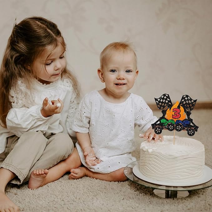 Monster Truck 3rd Birthday Cake Topper, Big Truck Fast Three Cake Topper for Boys, Racing Car Three Years Old Birthday Cake Decor, Racing Theme 3rd Anniversary Party Decoration - Black Glitter