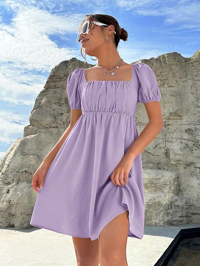 Women's Summer Sexy Formal Square Neck Puff Sleeve Ruched Bust Dress Cocktail Club Casual Party