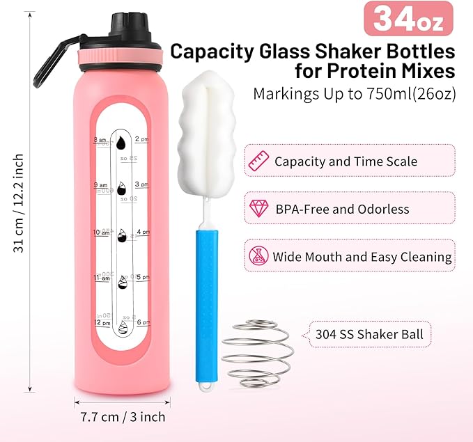Glass Shaker Bottle,34oz/1L BPA-Free Blender Shaker Bottle With 304SS Ball and Retractable Cleaning Brush for Protein Mixes Fitness(Pink)