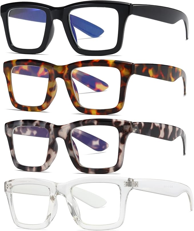 4 Pack Oprah Style Reading Glasses for Women Men Blue Light Blocking Computer Square Metal Spring Readers