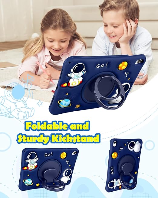 for iPad 10th Generation Case 10.9 Inch Boys Cute Astronaut Cover Kawaii 3D Cartoon Spacemen Cool Funny with Rotating Handle Stand + Strap Soft Silicone Funda for Apple iPad 10th Gen Cases