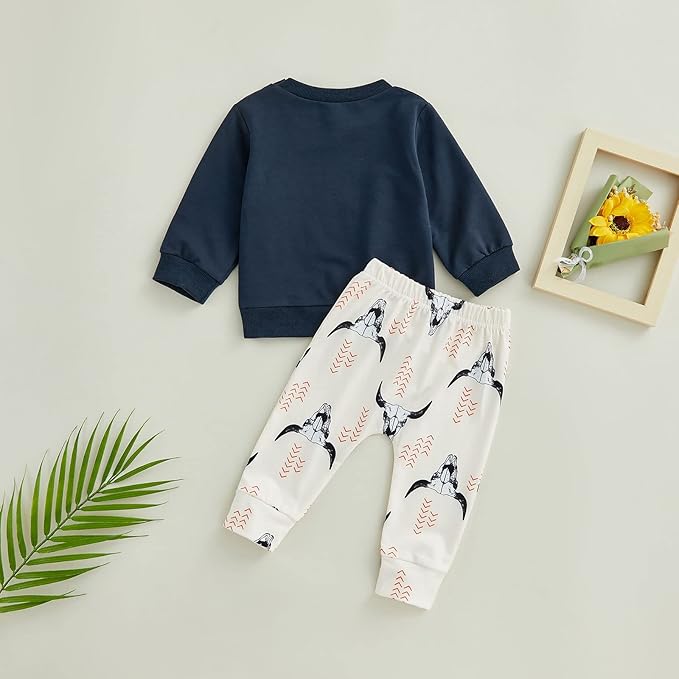 SAYOO Western Baby Boy Clothes Cow Print Sweatshirt Pullover Top Jogger Pants 2Pcs Toddler Boy Cowboy Fall Winter Outfits