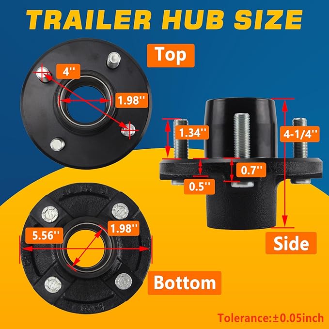 Set 4 on 4'' Trailer Hub Kit for 2000 lbs 1" or 1-1/16" Trailer Straight Axle, 4x4'' Trailer Idler Hub Kit 4 Bolt, Fits 1" and 1-1/16" Spindle, Trailer Hub Kit with Extra Cap & Rubber Plug