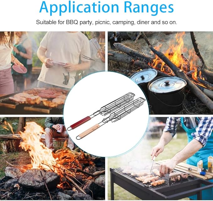 2Pcs Grilling Basket, Bbq Kabob Barbecue Net, Stainless Steel Nonstick Barbecue Mesh Sausage Grill Basket for Hot Dog Kitchentool Picnic Camping