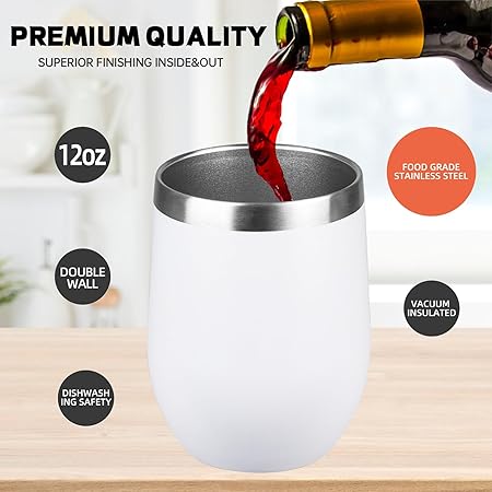 StarSpeed 12oz Wine Tumbler with lid, Stainless Steel Travel Mugs Stemless Double Wall Insulated Coffee Cup, Insulated Wine Glasses Travel Tumbler for Cold Hot Drinks(White, 1)