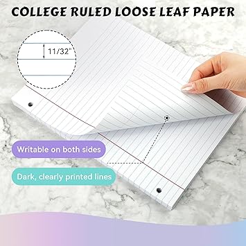 Loose Leaf Paper Wide Ruled Notebook Paper, 8" x 10.5" Lined Filler Paper for 3-Ring Binders, 3-Hole Punched Writing Paper-120 Sheets, White