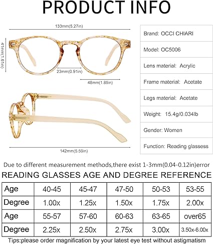 OCCI CHIARI Reading Glasses 5.0 Stylish Round Readers for Women 1.0 1.25 1.5 1.75 2.0 2.25 2.5 2.75 3.0 3.5 4.0 5.0 6.0(Yellow,5.0)