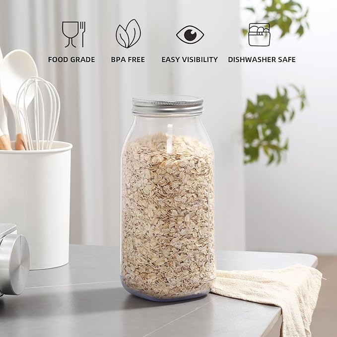 64 Ounce Clear Plastic Mason Jars With Screw On Lid, Reusable Empty Jars for Food Storage, BPA Free Containers for Sealing, Dry Food, Snacks, Candies, Breakage-proof, (Silver - 4 Pack)