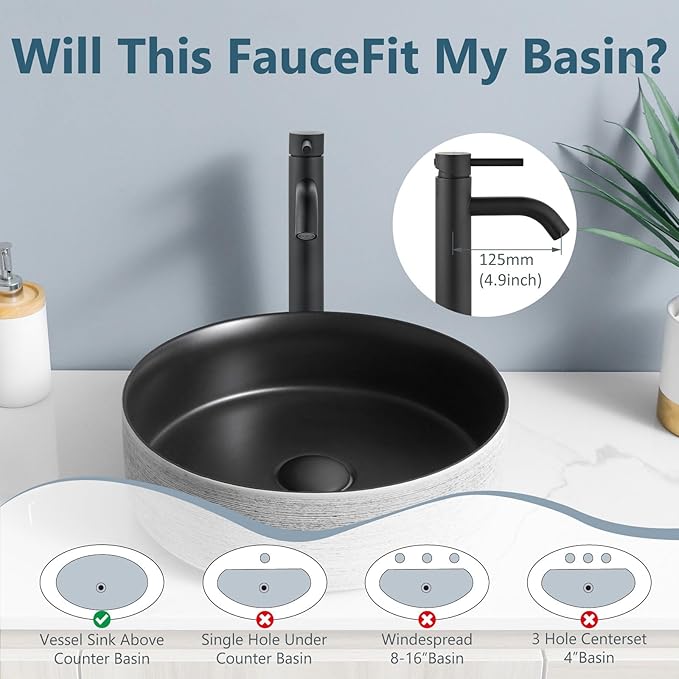 Aolemi Matte Black Vessel Sink Faucet Bathroom Faucet Tall Stainless Steel Bathroom Sink Faucet Single Handle One Hole Round Body with Pop up Drain Basin Bowl Vanity Lavatory Mixer Tap