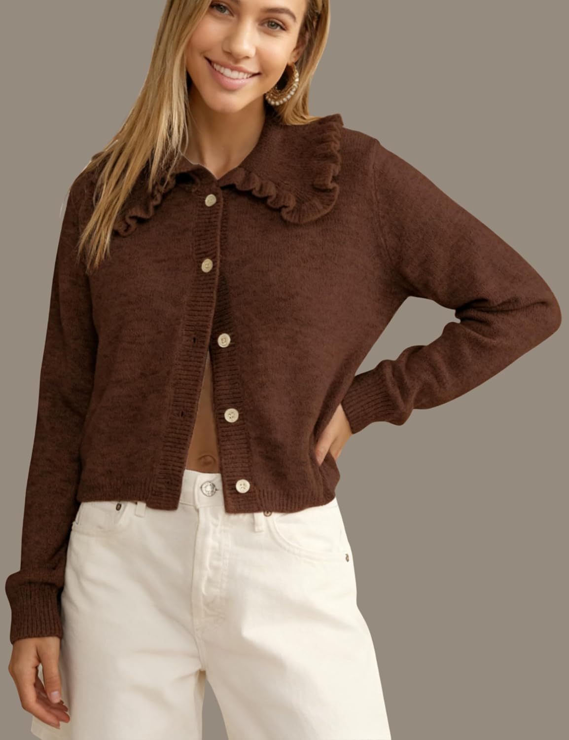 InterNos Womens Y2k Ruffled Collar Cardigan Sweaters Classic Button Down Long Sleeves Fall Sweater Crop Tops