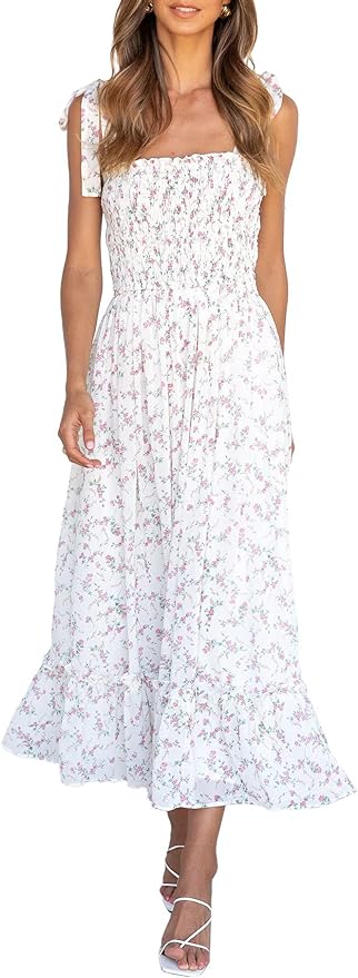 Imily Bela Womens Summer Dress Tie Strap Boho Floral Square Neck Smocked Ruffle A Line Beach Maxi Dresses