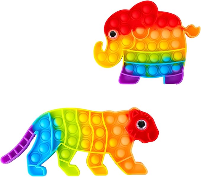 2 Packs Animals Fidget Toys,Push Bubble Sensory Toy for Kids,Rainbow Elephant Leopard Stress Reliever Squeeze Toys Set Educational Fidgets Gift for Toddlers Adults Party Classroom Must Have