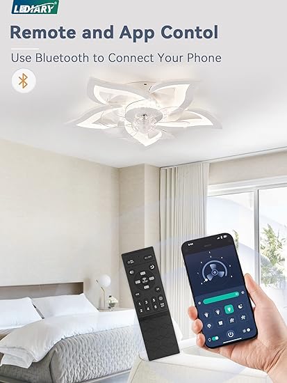 LEDIARY Flower Ceiling Fans with Lights, Small 27 Inch Modern Low Profile Ceiling Fan, Dimmable LED Ceiling Light Fixture, Flush Mount Ceiling Fans with Remote for Bedroom, Kitchen, Indoor-White