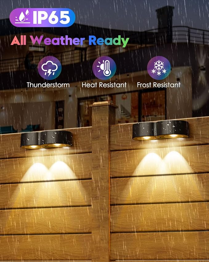 Pack of 8 upgraded solar lights for outdoor fence with point lenses, warm white, cool white and RGB 8 fixed colors, bright waterproof color lights for fence, wall, step,