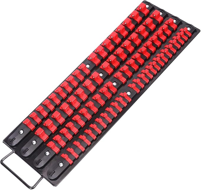 CASOMAN 80-Piece Portable Socket Organizer Tray, 1/4-Inch, 3/8-Inch, 1/2-Inch,Heavy Duty Socket Rail, Black Rails with Red Clips