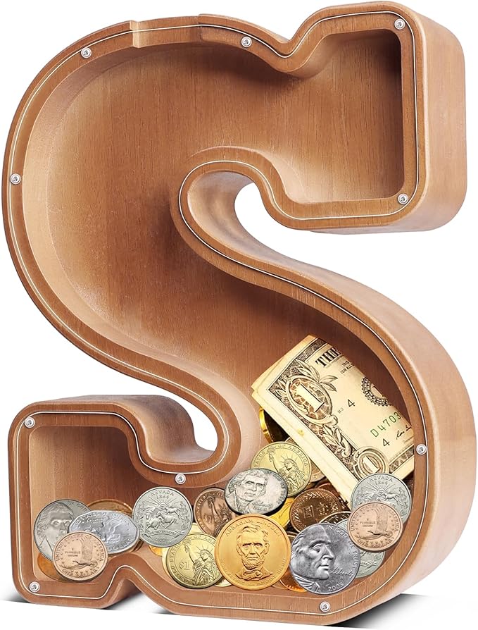 UBeesize 12in Extra Large Wooden Piggy Bank,Letter Piggy Bank for Boys Girls,Money Coin Bank for Kids,Christmas,Birthday,Childrens Gift and Home Office Decoration(S)