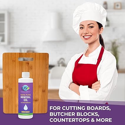 8oz US 100 Pure Mineral Oil - Cutting Board Oil - Food-Grade - USP - GMO-Free - Restores Protects Cutting Boards, Butcher Blocks, Countertops, Steel Surfaces More
