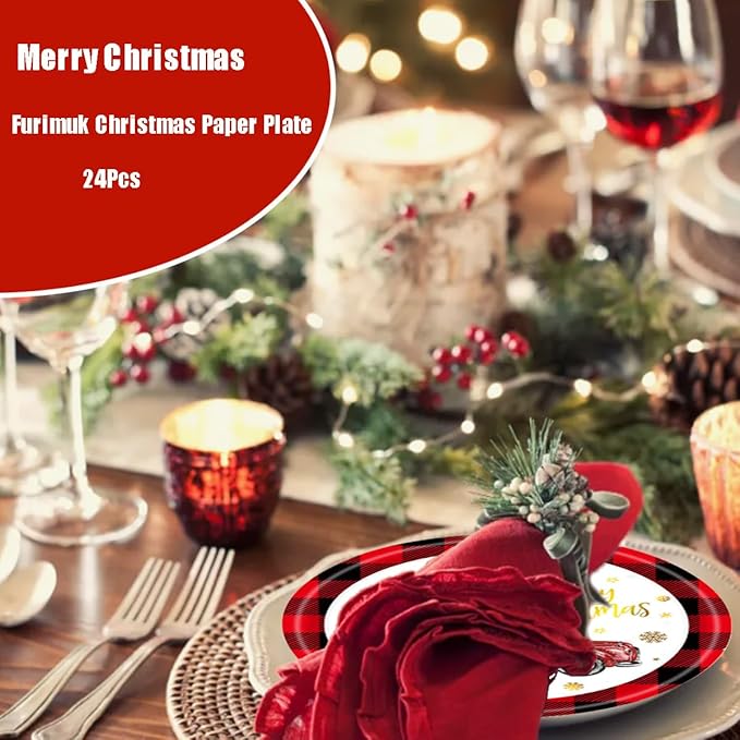 Furimuk Christmas Paper Plates Rustic Truck Red Black Plaid Border Printed Round Disposable Plates Dinnerware for Christmas Holiday Dinner Birthday Party Supplies (24 Pcs)