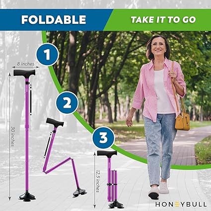 HONEYBULL Walking Cane for Men Women - Foldable, Adjustable, Collapsible, Free Standing Cane, Pivot Tip, Heavy Duty Walking Sticks, Folding Canes for Seniors Adults Purple