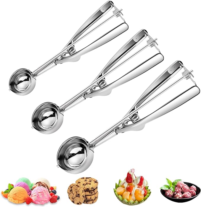 3PCS Ice Cream Scoop,Premium cookie scoop set,SmallMediumLarge stainless steel Scoops,Professional Ice cream Scooper with Trigger Release for Baking, Cookie, Fruit and Ice Cream by AOULELA