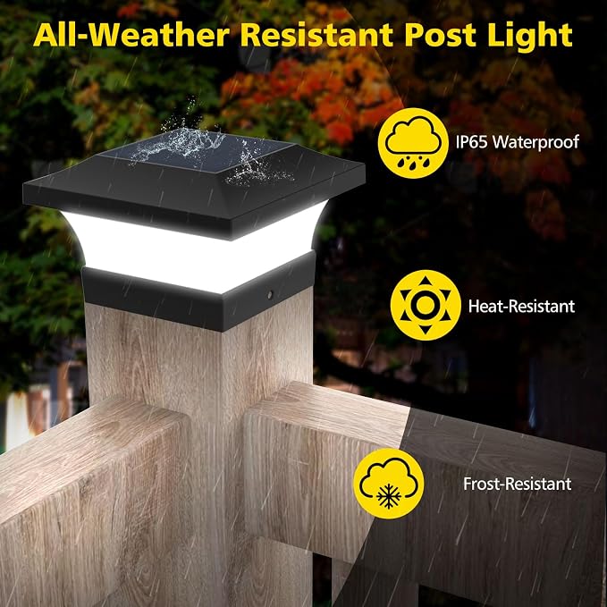 T-SUN Solar Post Lights, Waterproof Outdoor Solar Post Cap Lights for 4 X 4 Wooden Posts, 6000K White LED Lighting, Deck, Patio Garden Decor or Fence (1 Pack) white