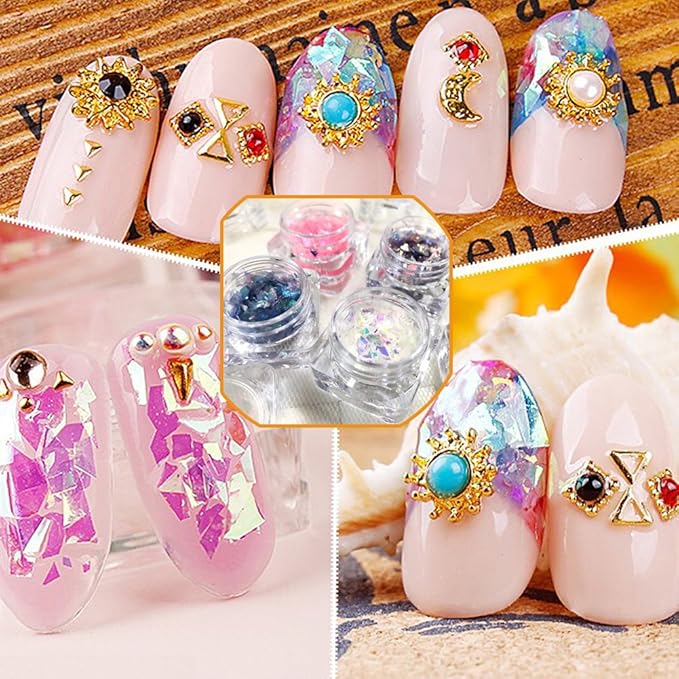 Nail Art Round Mermaid Glitter Sequins with Broken Shell Glass Paper Candy Foil Paillette Flakes DIY Tips 2 Set