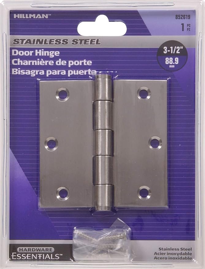 Hardware Essentials 852619 Residential Square Corner Door Hinges with Removable Pin Stainless Steel 3-1/2"