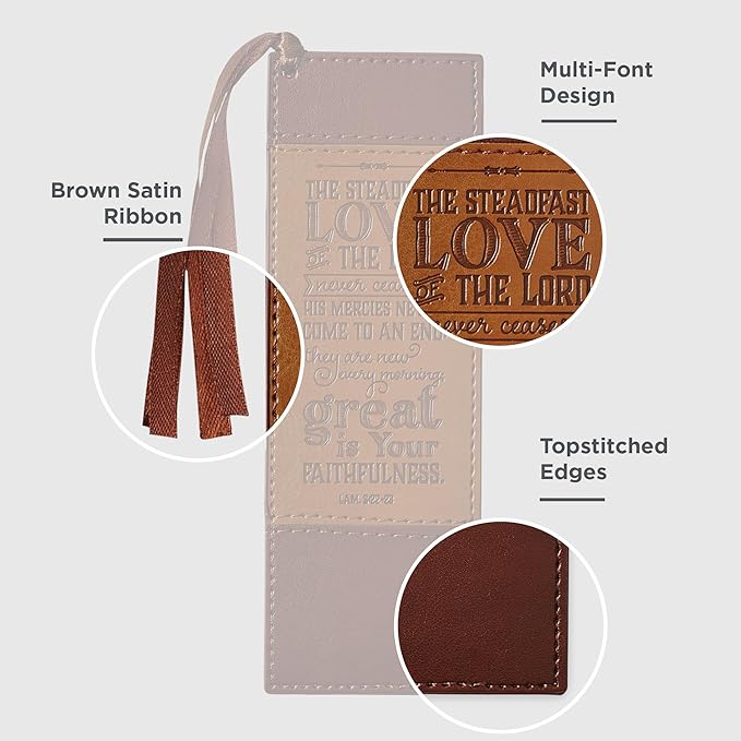 Christian Art Gifts Premium Vegan Leather Bookmark for Men: Steadfast Love - Lamentations 3:22-23 Inspirational Bible Verse, Heat-Debossed, Faith-Based Reading Accessory, Two-Tone Brown with Tassel