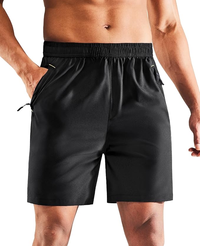 MIER Men's Quick Dry Running Shorts with Zipper Pocket, Elastic Waist Athletic Workout Exercise Fitness Shorts, 7 Inch