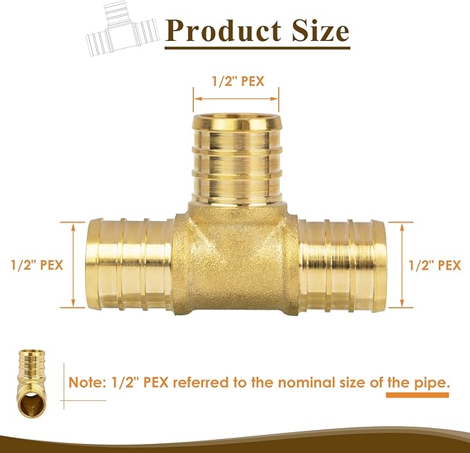 12" PEX Tee, PEX Fitting for Plumbing Repairs, Sturdy and Durable Brass Crimp Fitting (5 Pack)