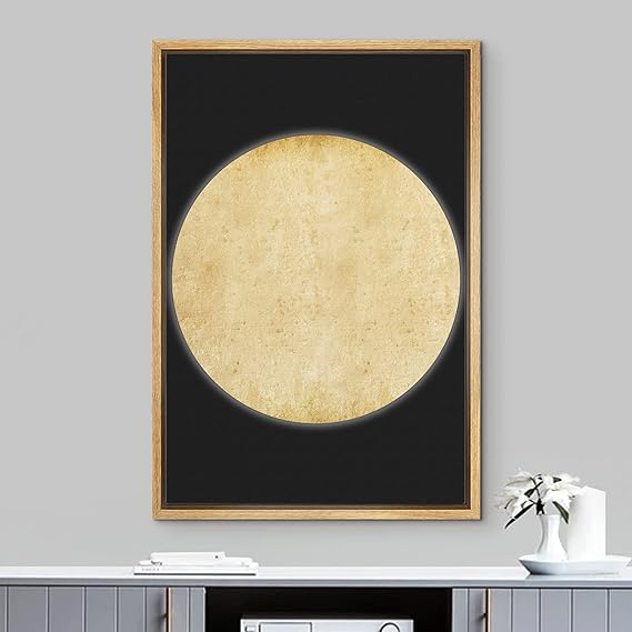 IDEA4WALL Framed Canvas Print Wall Art Yellow Textured Full Moon Astronomy & Space Cosmic Illustrations Modern Art Glam Scenic Multicolor Dark for Living Room, Bedroom, Office - 24"x36" Natural
