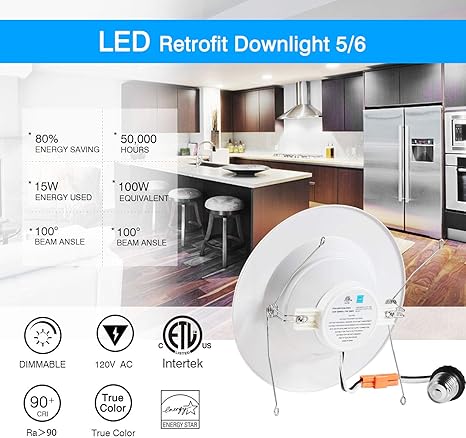 6 inch LED Can Lights, 6 Pack Dimmable Retrofit LED Recessed Lighting Fixture, Downlight, 15W, 5000K Daylight White, Energy Star ETL
