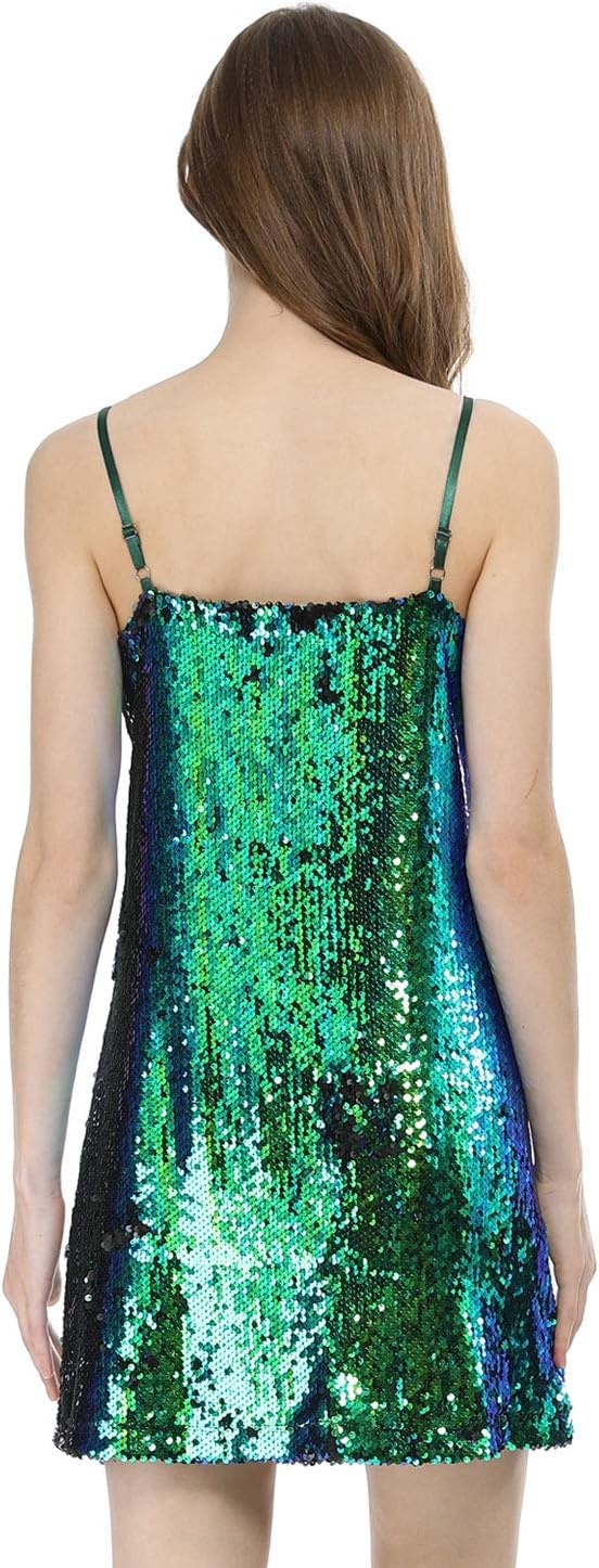 Allegra K Women's Glitter Sequin Dress Spaghetti Strap V Neck Party Cocktail Sparkly Mini Dress Clubwear.